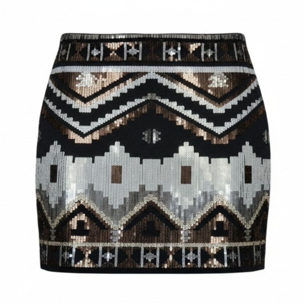 Express Black and White Sequin Metallic Aztec Tribal Stretchy Mini Skirt M NWT